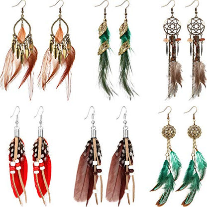 6 Pairs Women Faux Feather Earrings Dream Catcher Bohemian Fringe Tassel Long Drop Dangle Earrings Set with Design for Women - style: Style 7
