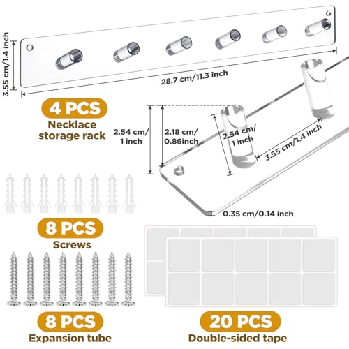 4 Pack Acrylic Necklace Holder – Wall Mounted Jewelry Organizer with 24 Hooks for Necklaces, Bracelets, Rings & Bangles, Clear Display Rack with Easy Installation (Screws & Tape Included)