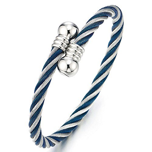 COOLSTEELANDBEYOND Elastic Adjustable Steel Twisted Cable Cuff Bangle Bracelet for Mens for Women - color: E-Metal Color: Silver & Blue