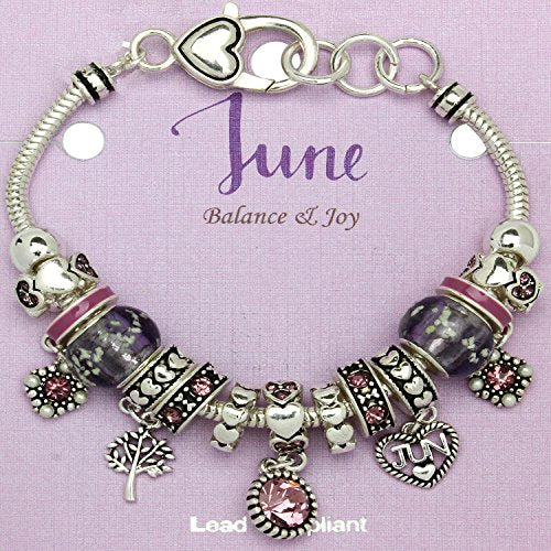 Falari Birthstone Bracelet Multi-Color Charm Beads Silvertone Birthday Gifts for Women - color: 06-June