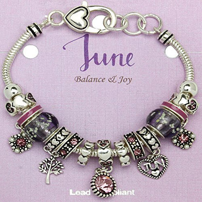 Falari Birthstone Bracelet Multi-Color Charm Beads Silvertone Birthday Gifts for Women - color: 06-June