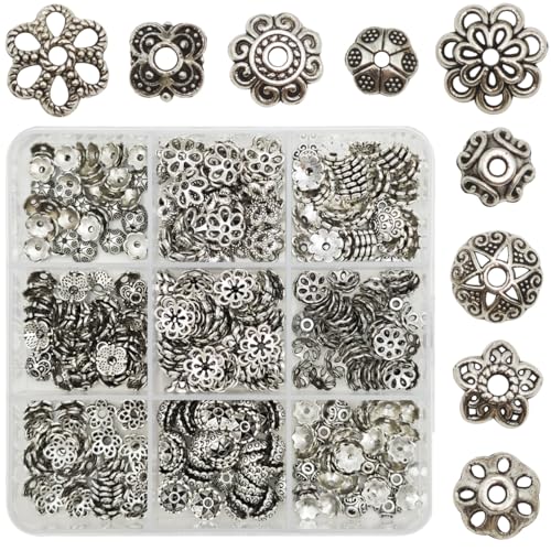 INSPIRELLE 450 Pieces Antique Silver Bead Caps Metal Alloy Filigree Flower Cup Shape Bead for Bracelet Necklace Earring Jewelry Making - color: 450x Bead Caps