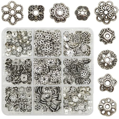 INSPIRELLE 450 Pieces Antique Silver Bead Caps Metal Alloy Filigree Flower Cup Shape Bead for Bracelet Necklace Earring Jewelry Making - color: 450x Bead Caps
