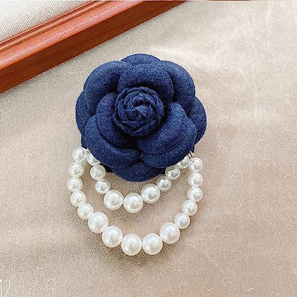 Wool Camellia Flower Pearl Tassel Brooches Pins Delicate Flowers Brooch Classic for Wedding Party Dance Banquet for Women Dainty Elegant Lapel Pins Dress Suit Accessories - color: Blue