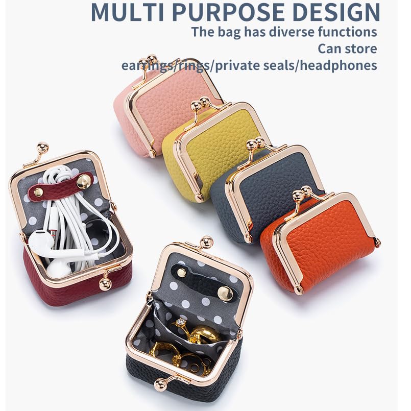 Genuine Leather Mini Jewelry Box & Coin Purse for Women, Travel Jewelry Case with Kiss Lock, Holds Earrings, Rings, Necklace, Bracelet, Coins (Caramel) - color: Caramel