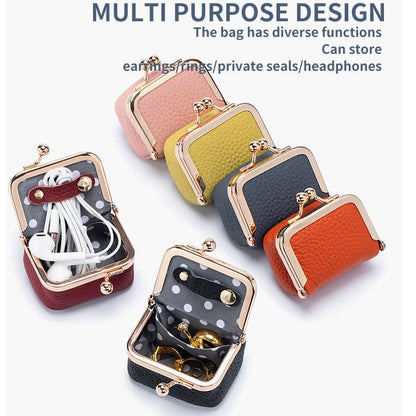 Genuine Leather Mini Jewelry Box & Coin Purse for Women, Travel Jewelry Case with Kiss Lock, Holds Earrings, Rings, Necklace, Bracelet, Coins (Caramel) - color: Caramel