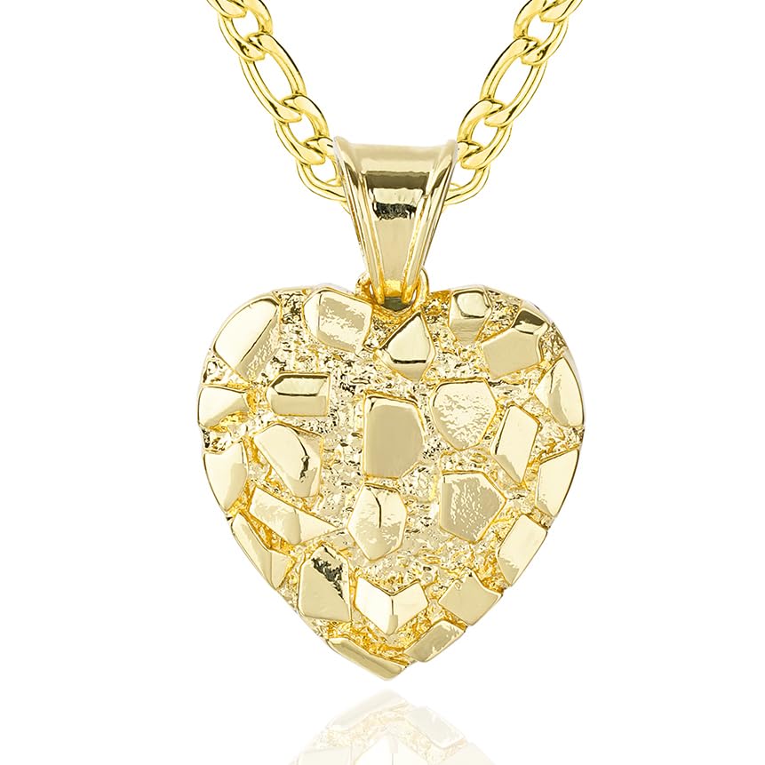 14k Gold Plated Rough Textured Cookie Nugget Heart Shape Charm Pendant Necklace For Women Men - size: Large(25.9*36.4mm)