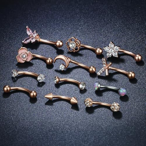 Rook Daith Piercing Jewelry 16G Stainless Surgical Steel Curved Barbell Eyebrow Rings Vertical Labret Lip Piercing Jewelry Rook Daith Earrings for Women Men 6MM 8MM 10MM Hypoallergenic - color: Rose Gold Tone
