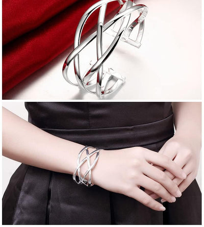 925 Sterling Silver Bracelet Plated Cuff Bangle Bracelet Fashionable Multi-layer Cross Wire Bangle Bracelet Open Adjustable Wide Cuff Bracelet for Teen Girls Fashion Jewelry - color: silver B