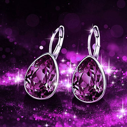 Xuping Jewelry Huggies Crystal Teardrop Earrings for Women Clear Crystals Leverback Silver Earring Fashion Party Jewelry Gifts - color: Purple