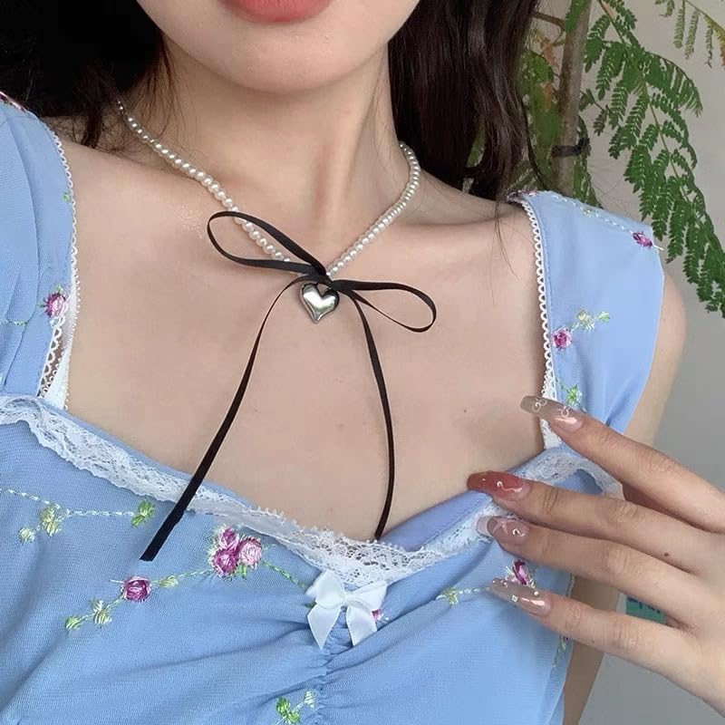 Pearl Ribbon Bow Choker Necklaces Y2k Coquette Necklace for Women - color: Black