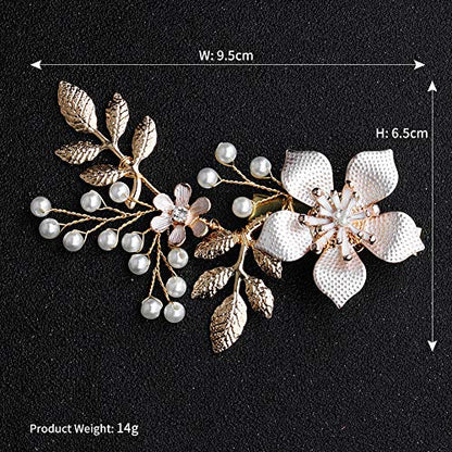 Foyte Bridal Flower Hair clip Pearl Wedding Hair Piece Gold Bride Leaf Barrettes Bridal Hair Accessories for Women and Brides