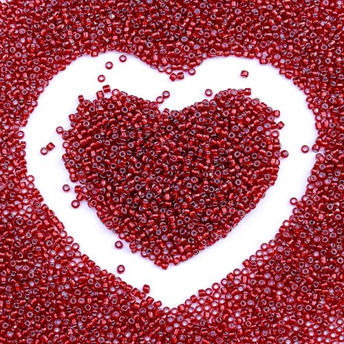 2mm Glass Seed Beads Bulk, Deep Red with Silver 12/0 Tiny Round Seed Bead, Small Mini Pony Craft Beads for Bracelet Necklace Wrist Jewelry Making Beading Weaving DIY Crafts Supplies - color: Deep Red with Silver