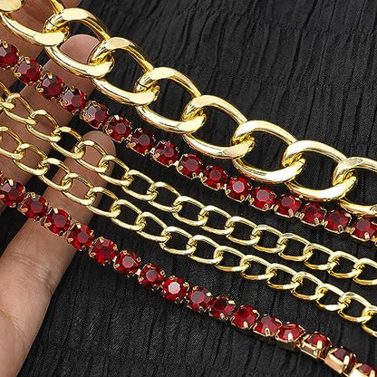 Suyi Multilayer Chain Belt Rhinestone Metal Chain Belts for Women Punk Gold Waist Chain - color: Gold Wine Red, size: M: 110 CM