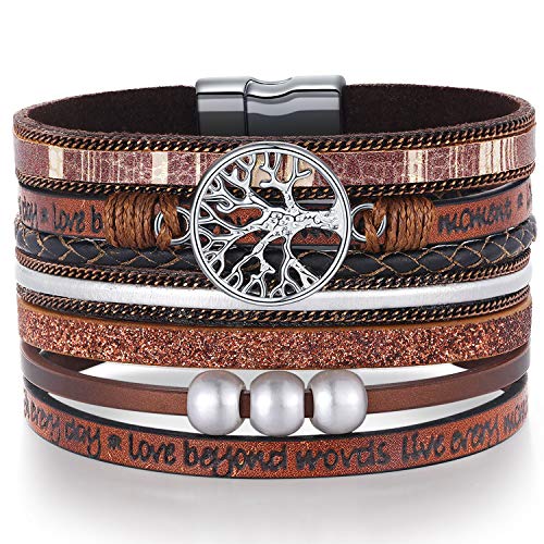 Desimtion Inspirational Tree of Life Boho Leather Wrap Bangle Bracelets for Women, Teen Girl Gifts Trendy Stuff, Fashion Accessories Jewelry Gifts for Women Girls - color: Brown