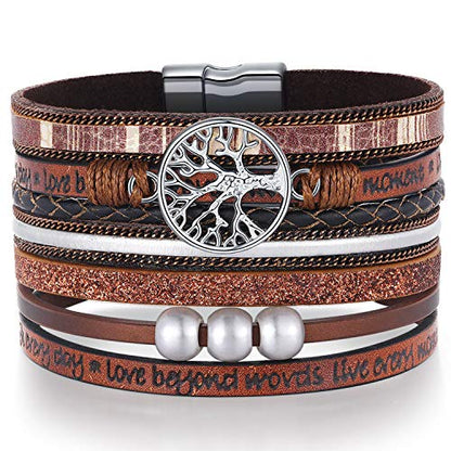Desimtion Inspirational Tree of Life Boho Leather Wrap Bangle Bracelets for Women, Teen Girl Gifts Trendy Stuff, Fashion Accessories Jewelry Gifts for Women Girls - color: Brown