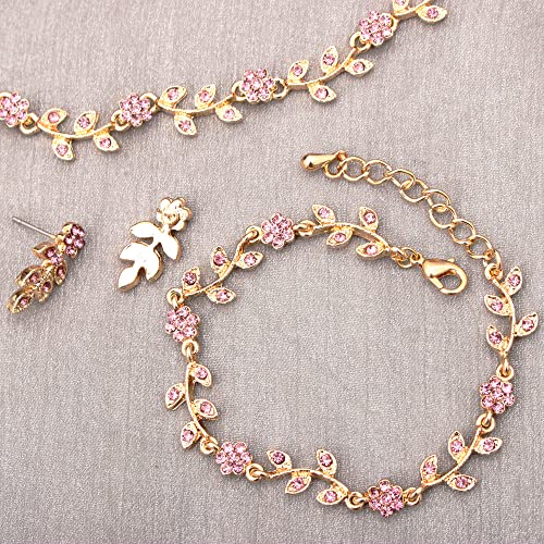 Austrian Crystal Rhinestone Choker Necklace Dangle Earring Link Bracelet Jewelry Set for Brides Bridesmaid Prom Costume Accessories for Women - color: En001-Pink-Gold Plated