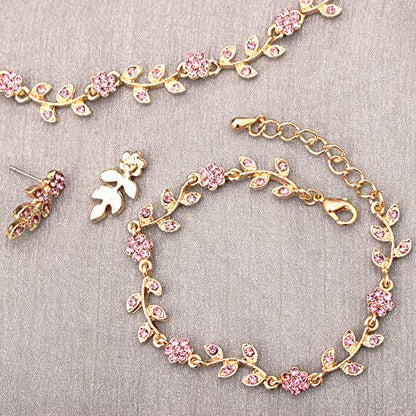 Austrian Crystal Rhinestone Choker Necklace Dangle Earring Link Bracelet Jewelry Set for Brides Bridesmaid Prom Costume Accessories for Women - color: En001-Pink-Gold Plated