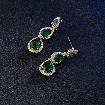 Women's Cubic Zirconia Bridal Earrings - Elegant Long Wedding Party Prom Earring for Bride Bridesmaids Crystal CZ Rhinestone Chandelier Statement Dangle Drop Earrings for Women - color: Green