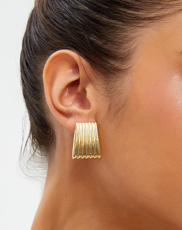 Gold Chunky Statement Earrings for Women, Trendy 14K Gold Plated Square Geometric Vintage Drop Dangle Designer Stud Earrings, Jewelry Gift - style: ribbed-gold