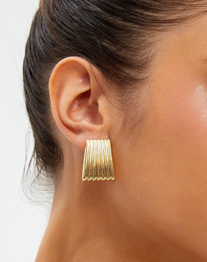 Gold Chunky Statement Earrings for Women, Trendy 14K Gold Plated Square Geometric Vintage Drop Dangle Designer Stud Earrings, Jewelry Gift - style: ribbed-gold