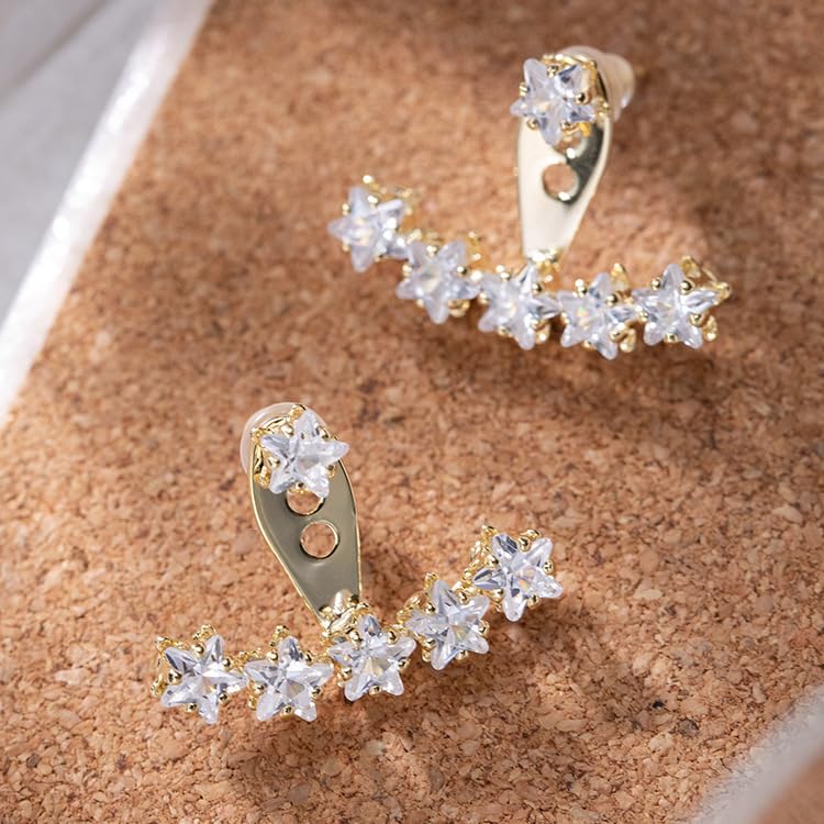 Rhinestone Star Jacket Statement Earrings for Women,14K Gold Cubic Zirconia Climber Stud Jewelry Party Prom Fashion Cartilage Earring Gifts - style: AA