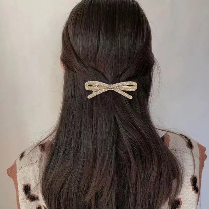 French Bow Crystal Rhinestone Bow-knot Pearl Hair Clips Barrette Hair Pin Hairpin Gold Pearl Accessories for Women Girls Bridal Wedding Prom - color: Pearl
