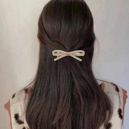 French Bow Crystal Rhinestone Bow-knot Pearl Hair Clips Barrette Hair Pin Hairpin Gold Pearl Accessories for Women Girls Bridal Wedding Prom - color: Pearl
