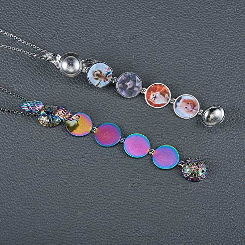 Ornaland Round Expanding Photo Locket Pendant Necklace for Women Men with Angel Wings, 4 Photo Locket Alloy Neck Decoration for Mother's, Platinum, 24.41 inch(62cm)