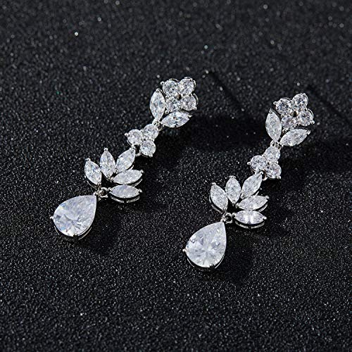 SWEETV Teardrop Wedding Earrings for Brides Birdesmaid | Crystal Cubic Zirconia Bridal Drop Earrings for Women Prom - color: Silver