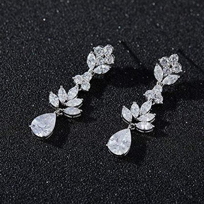 SWEETV Teardrop Wedding Earrings for Brides Birdesmaid | Crystal Cubic Zirconia Bridal Drop Earrings for Women Prom - color: Silver