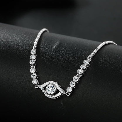 Solid 14K Gold Over 925 Silver Moissanite Evil Eye Bracelet for Women,Dainty Round Cut Moissanite Devil’s Eye Chain Bracelet,Lucky Jewelry Gift for Her,Adjustable 8" to 9" - color: White Gold