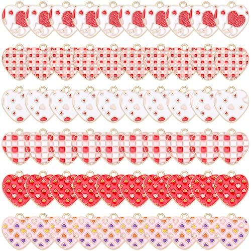 Valentine's Day Charms, 60Pcs Love Heart Charms for Jewelry Making | Enamel Red White Heart Pendants, Earring Necklace Bracelet Making, Classroom Reward, School DIY Crafts, Valentines Day Gift - style: Valentines Day Style
