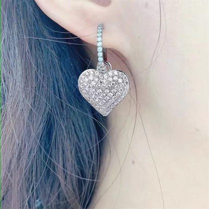 Dainty Full Cubic Zirconia Heart Dangle Small Hoop Earrings for Women Ladies Trendy Sweet Crystal Bling CZ Love Charm Drop Huggie Earring for Her Birthday Valentines Mother's Day Fine Jewelry Gifts - color: Silver-tone