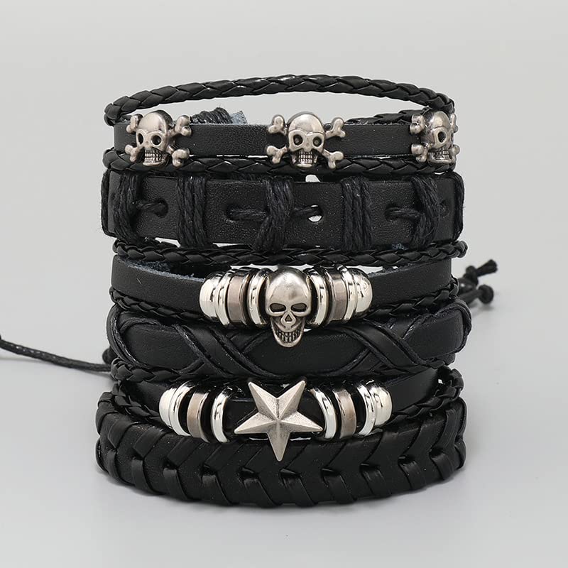 Leather Cuff Bracelet for Men Women, Multilayer Braided Wristband, Adjustable 6.5-9.5 Inches Wrap Bracelets Punk Gothic Grunge - color: Skull Star - 6Pcs