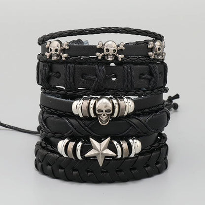Leather Cuff Bracelet for Men Women, Multilayer Braided Wristband, Adjustable 6.5-9.5 Inches Wrap Bracelets Punk Gothic Grunge - color: Skull Star - 6Pcs