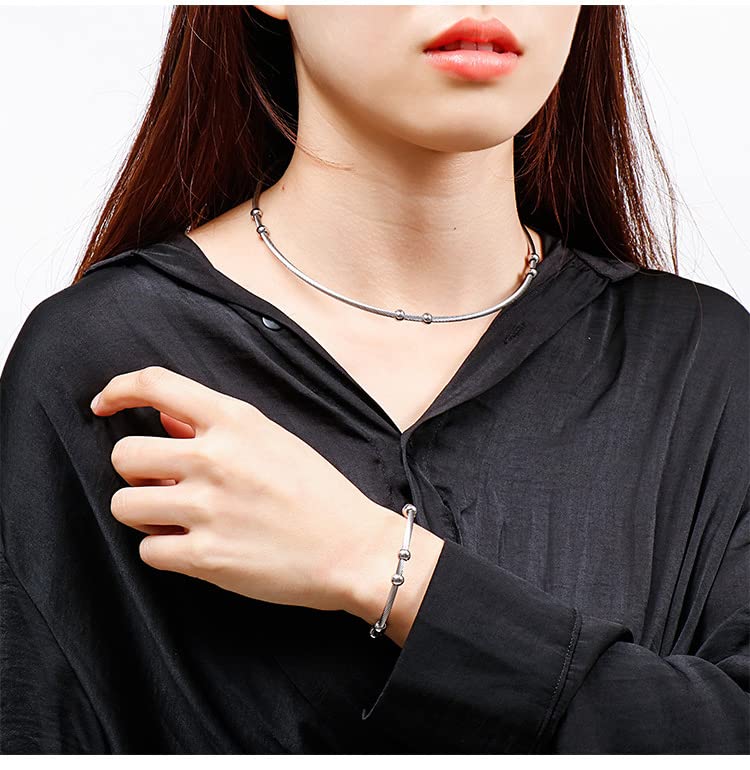 JAJAFOOK Minimalist Round Gold-Tone Bar Necklace Simple Fashion High Neck Choker Female King Neckwire - color: Wire Bead-Silver