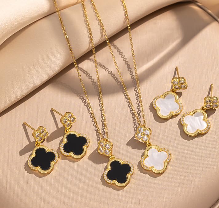 ZYRA Gold Plated Clover Four Leaf Necklace Pendant and Earrings for Women Clover Set Jewelry Gifts for Women - color: White