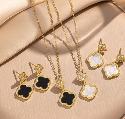 ZYRA Gold Plated Clover Four Leaf Necklace Pendant and Earrings for Women Clover Set Jewelry Gifts for Women - color: White