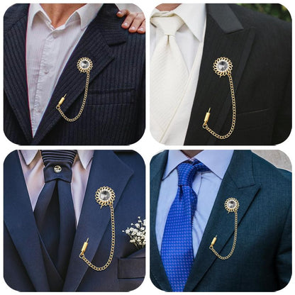 Mens Sunflower Lapel Pin Crystal Rhinestone Brooches for Men Hanging Chain Brooch Suit Pin Flower Lapel Pins for Men Wedding Business Party - color: Grey