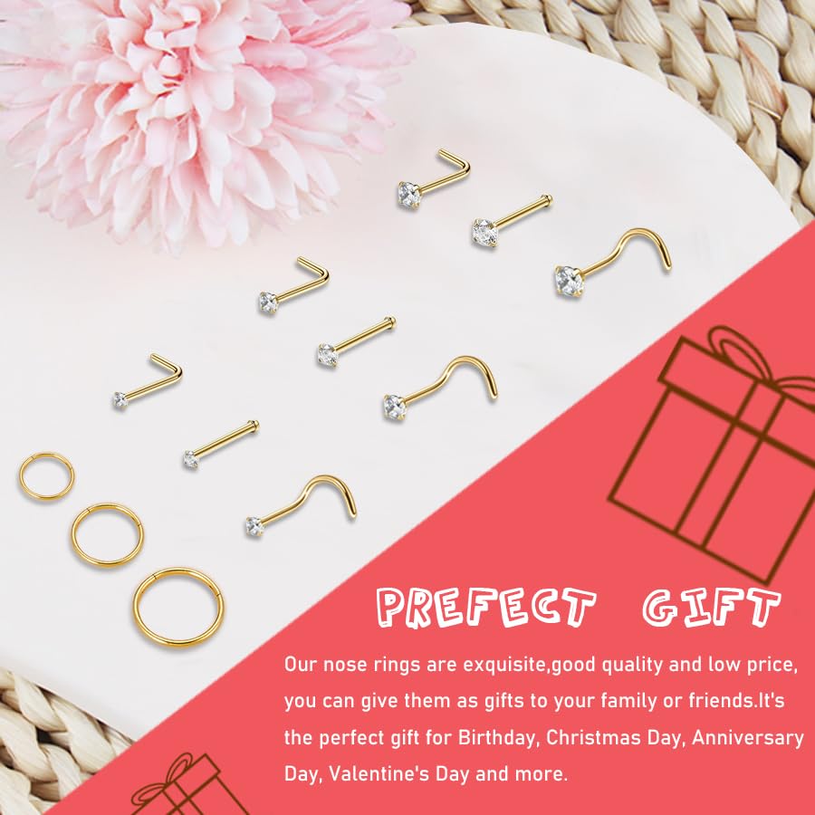 AMASIS Nose Rings and Nose Studs Set, Stainless Steel Hinged Nose Hoops and CZ Studs, Select Sizes and Styles for Nostril Septum Cartilage Piercing Jewelry - color: Gold, size: 12-Piece,Hoops and Studs Sets