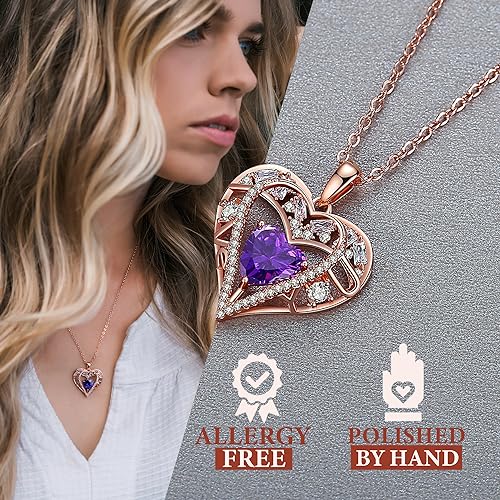 5 Heart I Love You Necklace for Women, Birthstone Crystal Pendant, Birthday Gift for Her, Wife, Mom, Rose Gold or Gunmetal Plated, 925 Sterling Silver Chain 18"+2" - color: 02-February-Amethyst Deep Violet-Rose Gold Plated