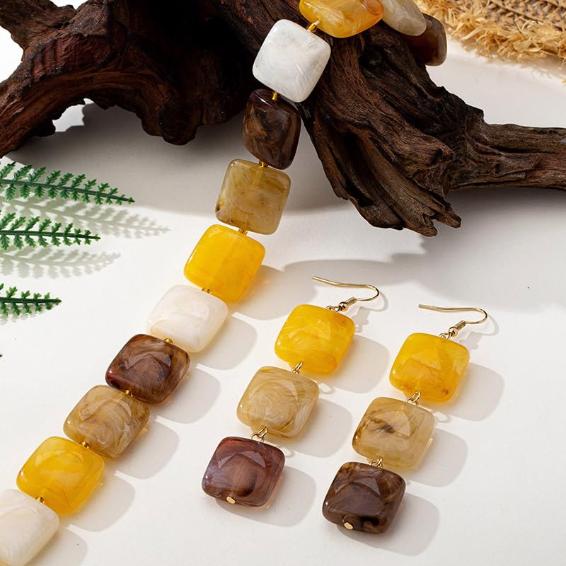 Retro Square Resin Beaded Jewelry Set Bohemia Vintage Adjustable Geometric Acrylic Beaded Choker Necklaces Dangle Earrings for Women Boho Trendy Wedding Party Statement Jewelry Gifts - style: StyleB