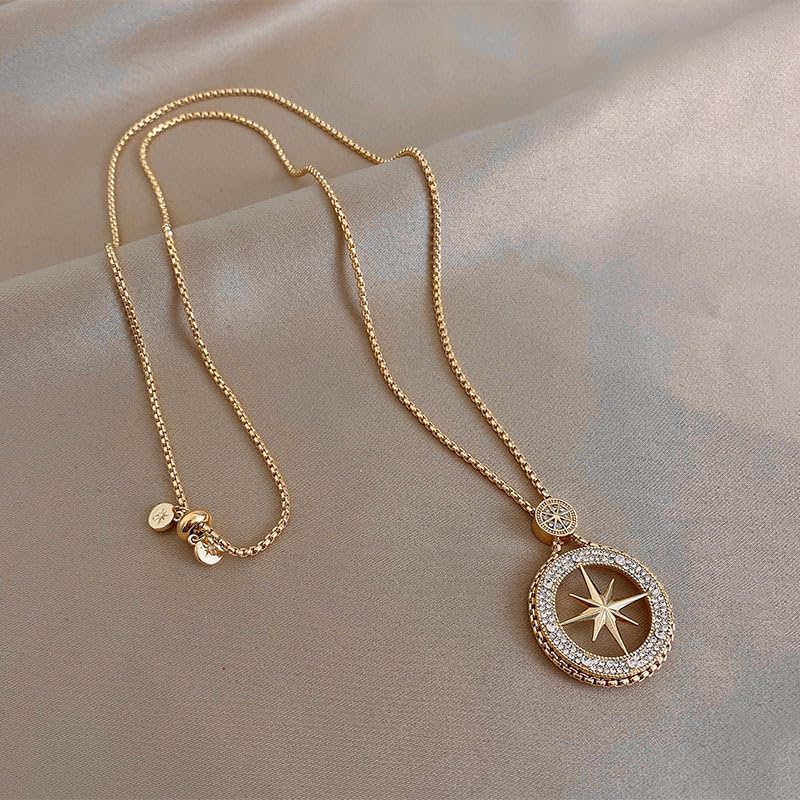 18K Gold Plated Compass Star Statement Pendant Necklace with Cubic Zirconia Accents