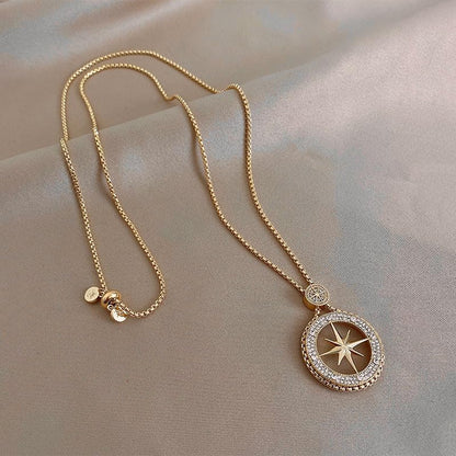 18K Gold Plated Compass Star Statement Pendant Necklace with Cubic Zirconia Accents