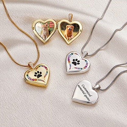 Fanery Sue Personalized Pet Locket Picture Necklace,Dog Cat Memory Gift | Custom Engraved Heart Photo Lockets Necklaces,Dog Cat Sympathy Memorial Jewelry for Women Men - color: Golden, style: Pawprint on Rainbow Bridge
