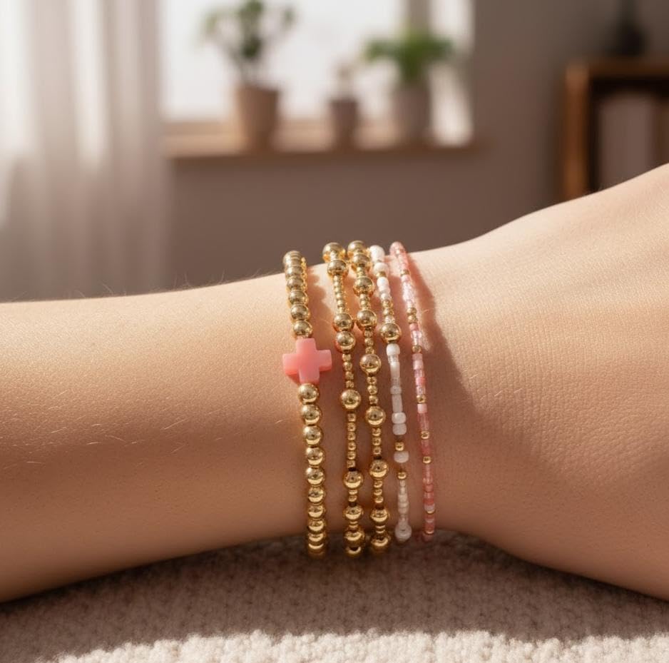 14K Gold Plated Beaded Bracelets Stack Set for Women,Stretch Boho Ball Jewelry Friendship Trendy - color: Pink cross