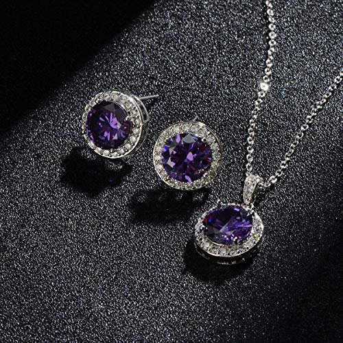 Bridal Crystal Jewelry Set - Sterling Silver Round Cubic Zirconia CZ Rhinestone Halo Birthstone Pendant Necklace Stud Earrings Set for Wedding Bride Bridesmaids Birthday Gift - color: Amethyst Violet