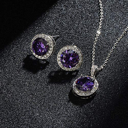 Bridal Crystal Jewelry Set - Sterling Silver Round Cubic Zirconia CZ Rhinestone Halo Birthstone Pendant Necklace Stud Earrings Set for Wedding Bride Bridesmaids Birthday Gift - color: Amethyst Violet