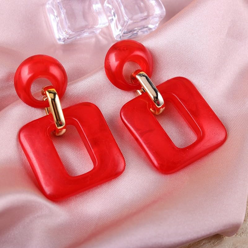 Retro Boho Hollow Square Earrings Lightweight Fashion Jewelry Casual Daily Wear Geometric Drop Earrings Party Acrylic Square Dangle Accessories - color: Red